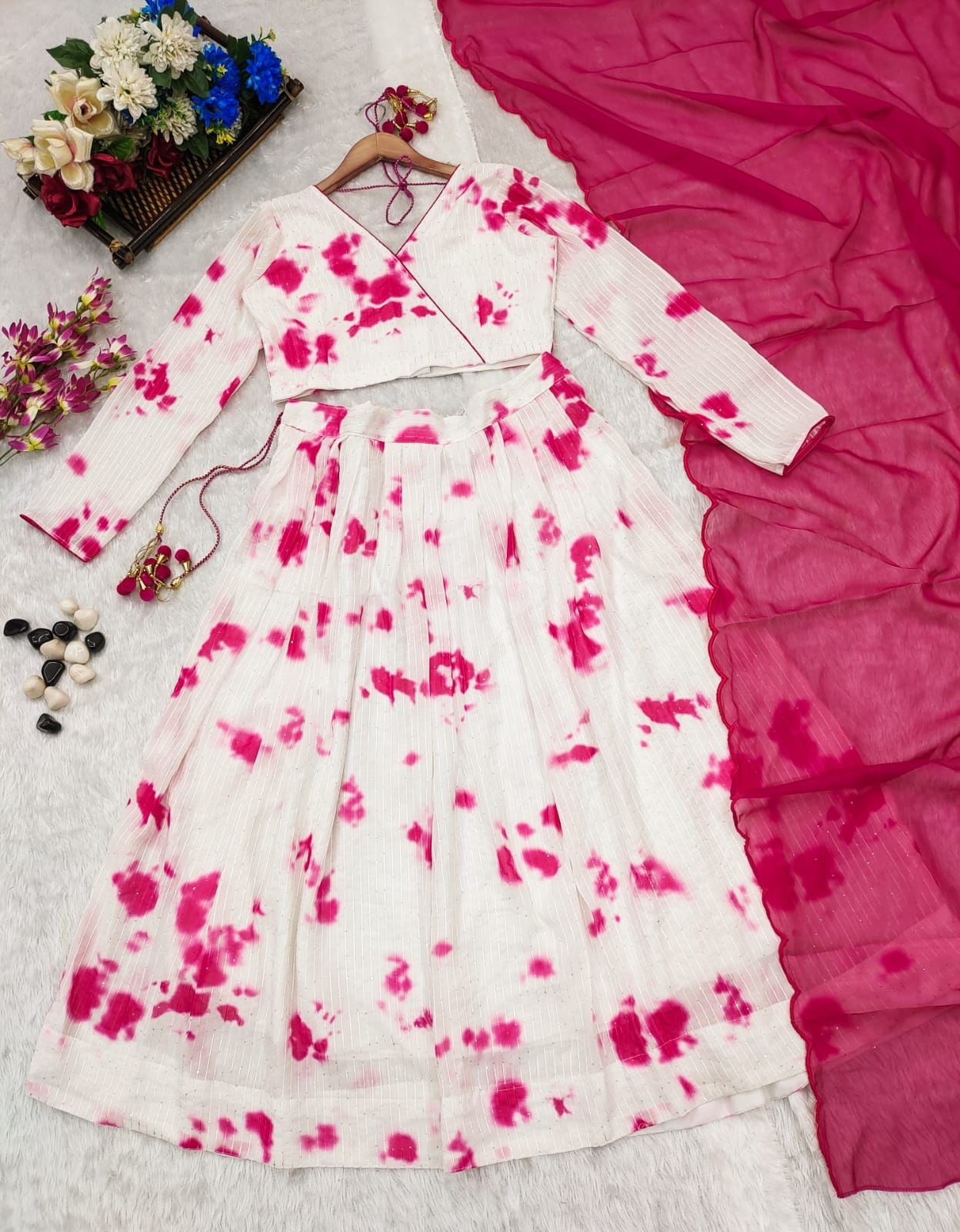 Elegant Pink Tye and Dye Georgette fabric with sequence weave lehanga choli Busget friendly price fully stitched
