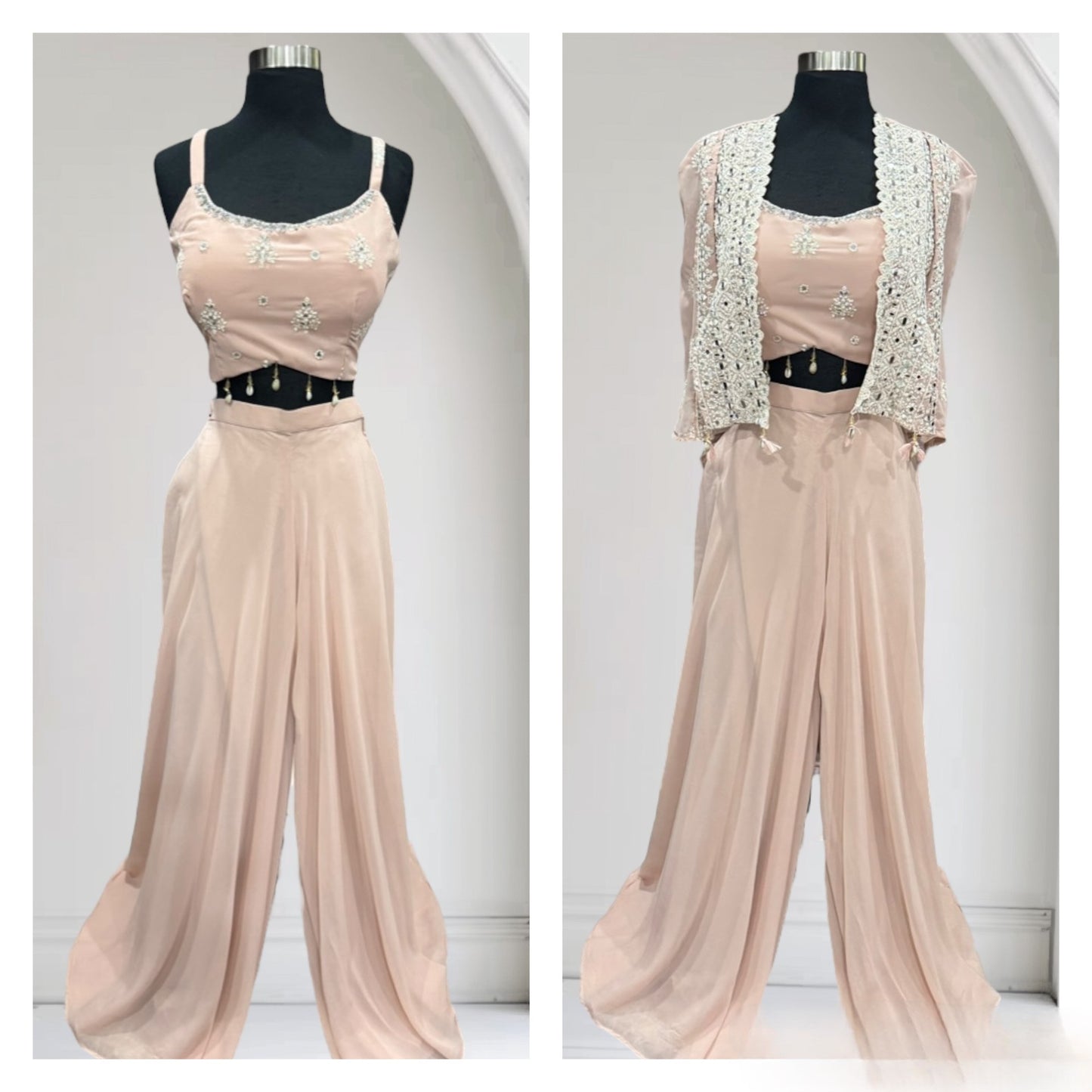 Beautiful pastel Pallazo crop top with a lovely Cape to style. Available in size 40.