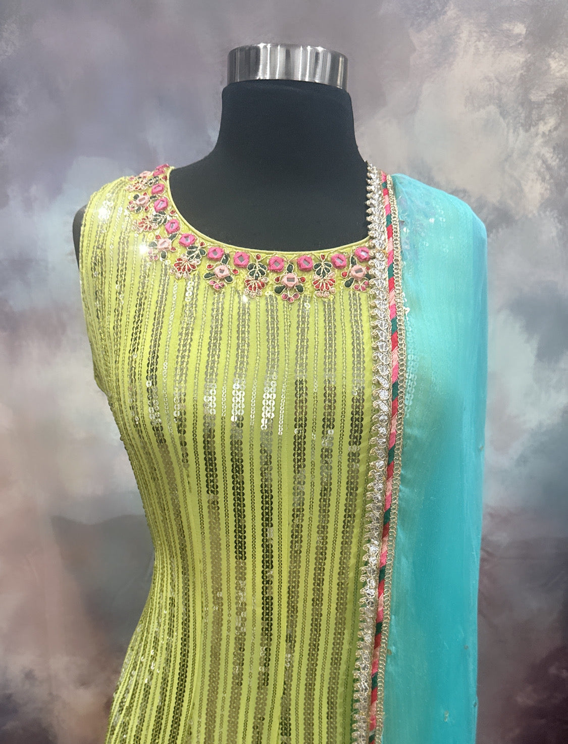 Dazzling Partywear sequence Sharara set in blue and radium yellow size 36/38 ready to ship USA premium quality wedding collection