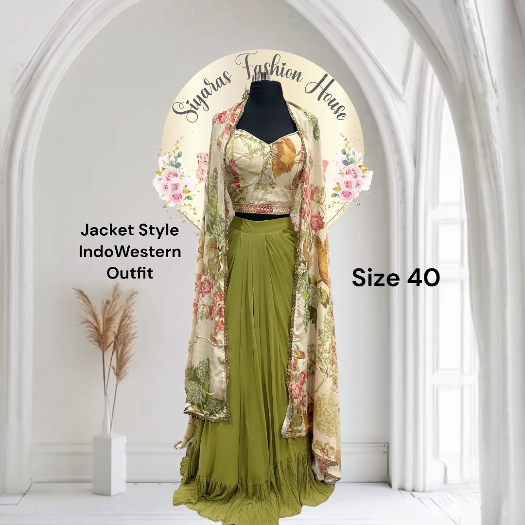 Chic Jacket style IndoWestern croptop Lehanga Mehendi green color size siyarasfashionhouse Chic Jacket style IndoWestern croptop Lehanga Mehendi green color size siyarasfashionhouse