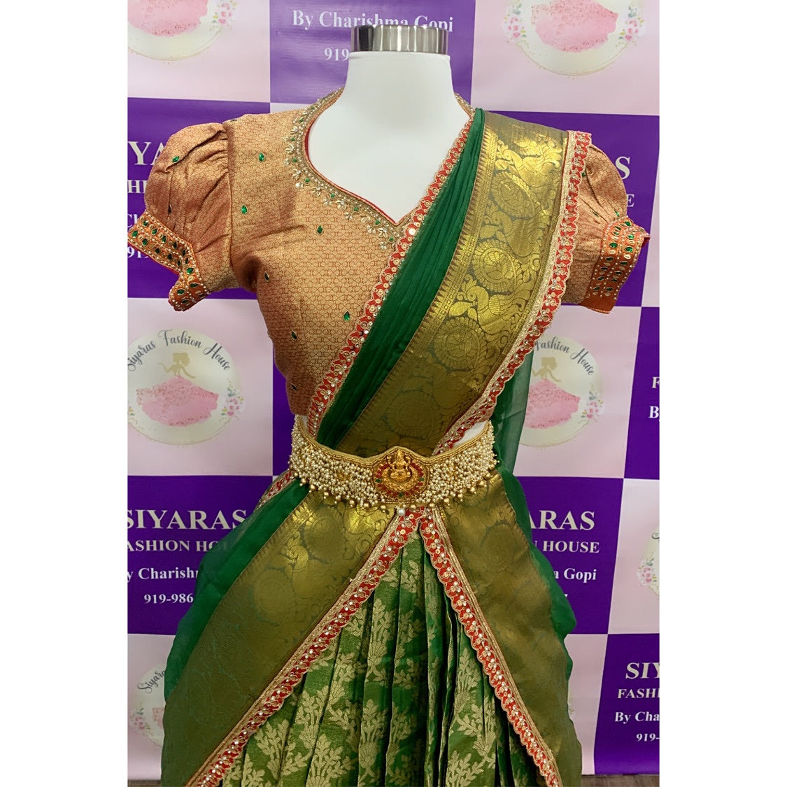 Gorgeous Teens Pattu Langa Voni peach and Green Half saree with elegant maggam work blouse Partywear wedding dress in stock med