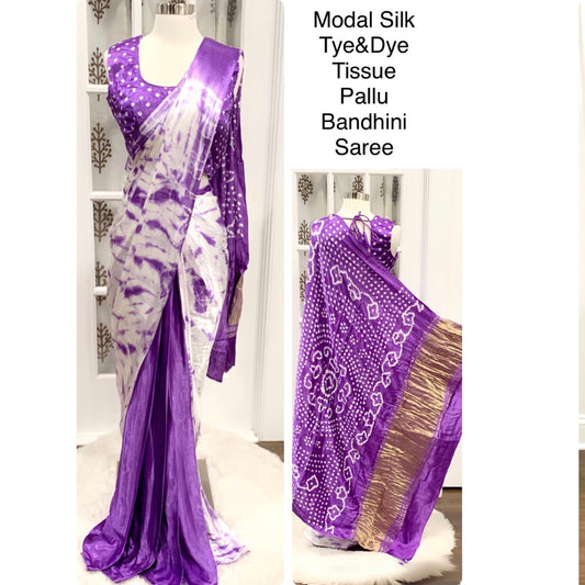 Gorgeous purple Hand made hand dyed Tissue Pallu Bandhini Saree Modal Silk fabric with sleeves attached inside
