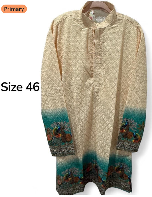 Men’s Customized Chikankari with elegant designer print on Daaman from and back size 44/46 comes with white pant ready to ship USA