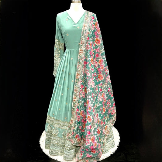 Elegant Sea Green Embroidered Anarkali Suit with Floral Dupatta. Available in size 42.