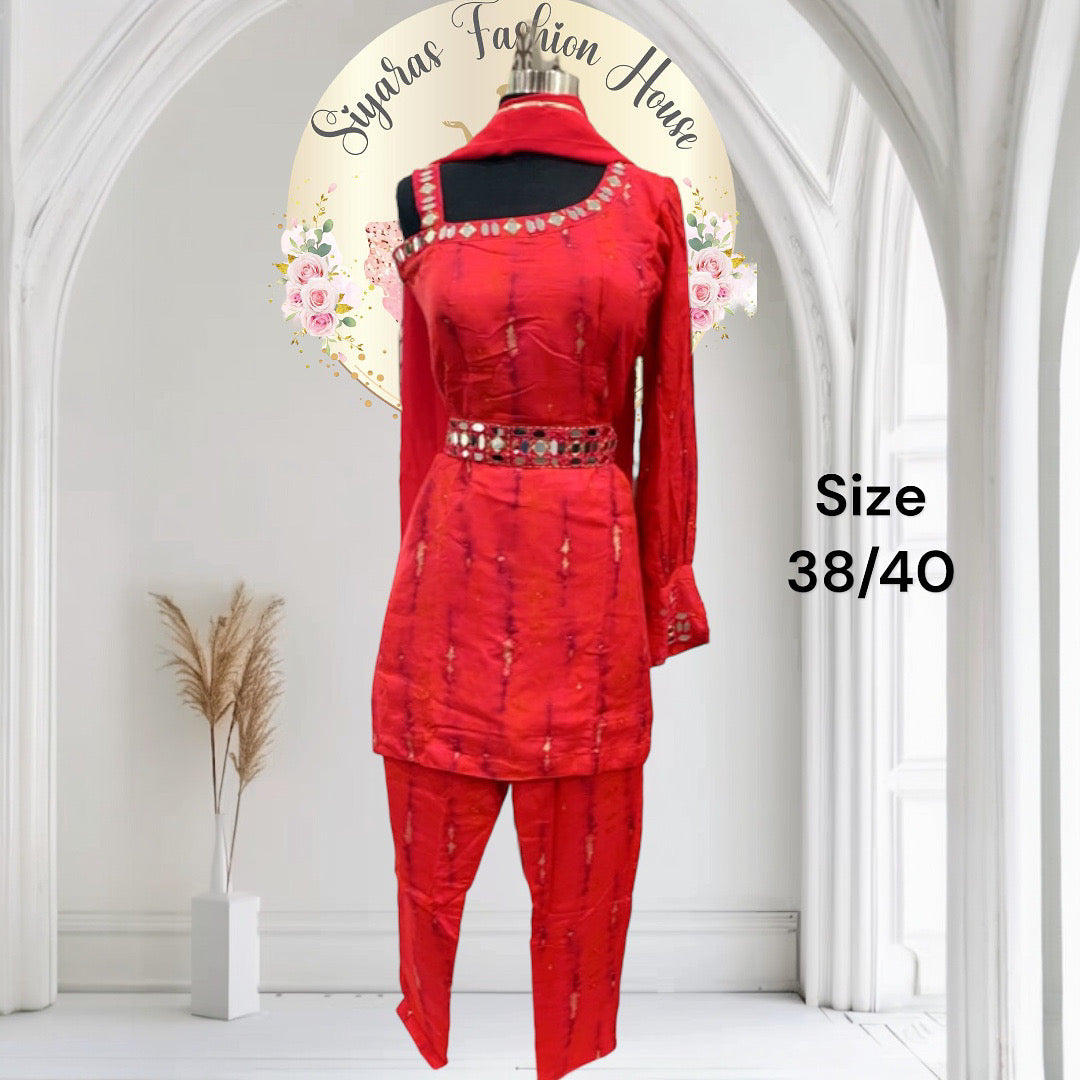 Beautiful red shibori design one shoulder full sleeve 3 pc set with intricate mirror work with waist belt