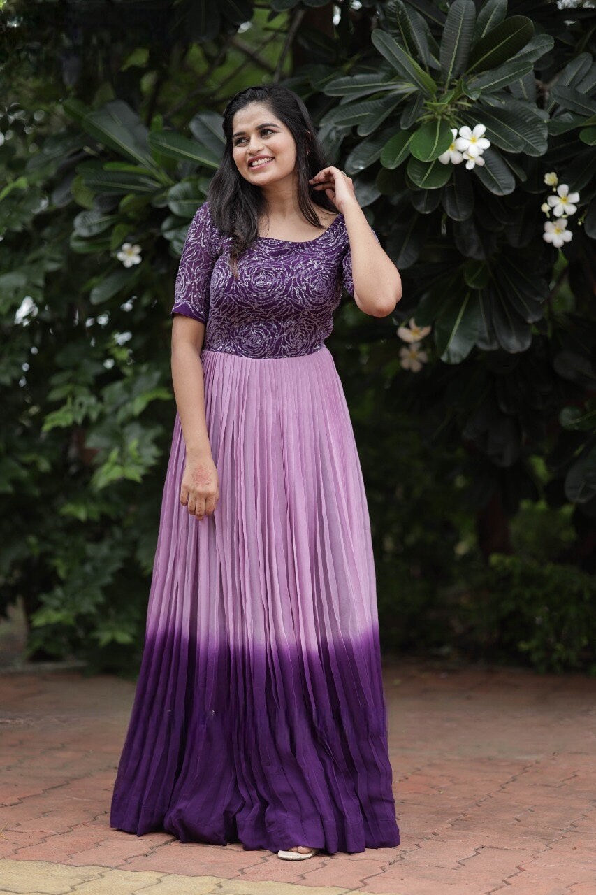 Purple shaded georgette gown tie and dye sequence partywear dress