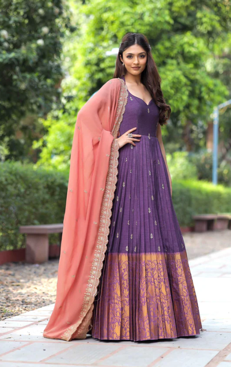 Handloom Cotton Long Dress with Zari Border and Georgette Dupatta - Size 38, Length 55 inches