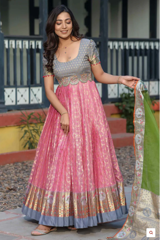 Zari Kota Banarasi Silk Anarkali Long gown with Pethani Border and Maggam Work Yoke Traditional partywear dress Ready to ship free USA