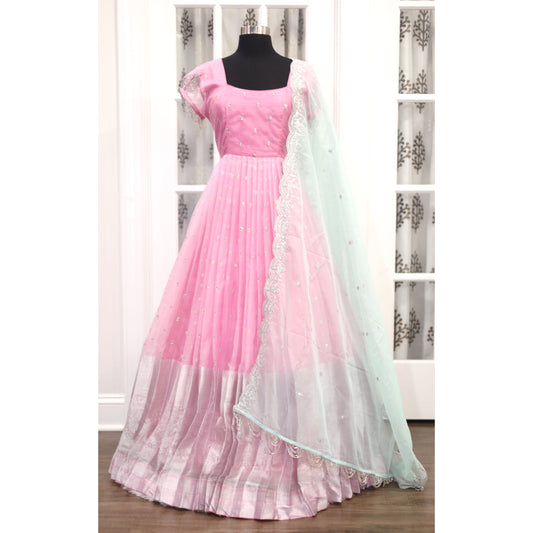Beautiful Pink Organza Silk Long gown with sequence emplaned hand embellishments with organza Dupatta. Size XXL 44 is available