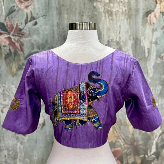 Handcrafted Tussar Silk Blouse | Traditional Motifs | Size 38 | majestic purple blouse featuring an ornate elephant design Ready to ship