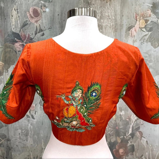 Handcrafted Tussar Silk Blouse | Traditional Motifs | Size 38 | Krishna with peacock feather | fully stitched blouse