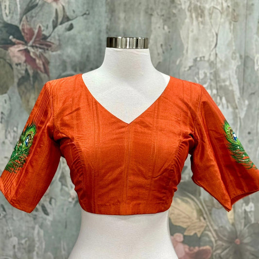 Handcrafted Tussar Silk Blouse | Traditional Motifs | Size 38 | Krishna with peacock feather | fully stitched blouse