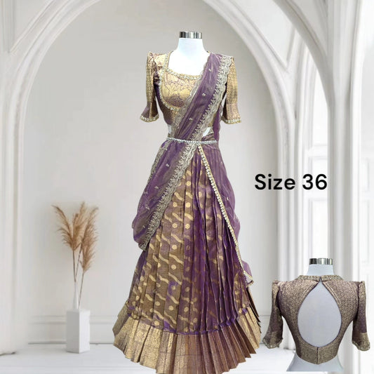 Lilac Traditional tissue Maggam work Half Saree | Teens adults Langa voni Tissue Silk & Zari Kota | Size 36| Partywear , wedding occasion