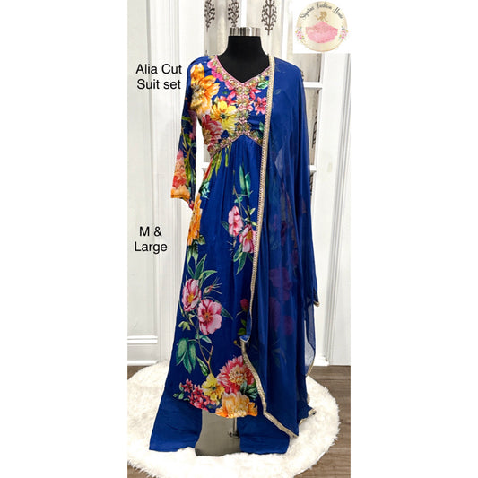 Trendy Alia cut 3 pc suit set in blue floral prints pure chinon Fabric
