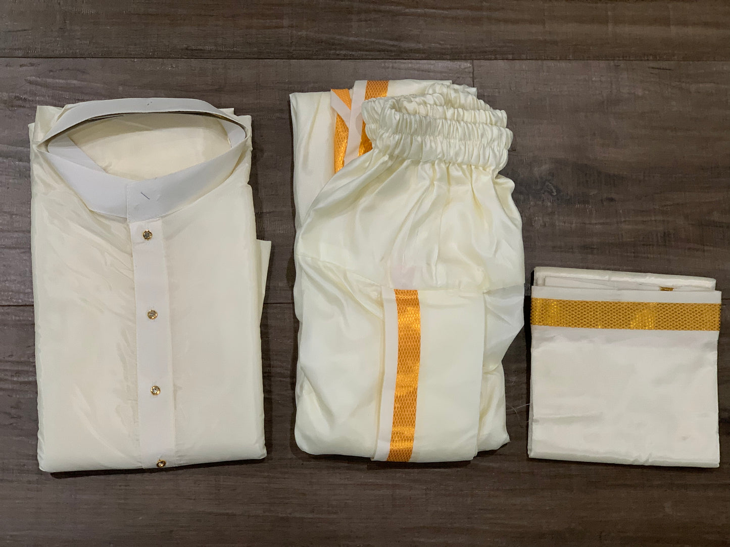 Mens wedding collection 3 pc Set silk kurta Dhoti and Towel combo sizes 40, 42,44 for gruha pravesh, wedding, traditional Partywear outfits