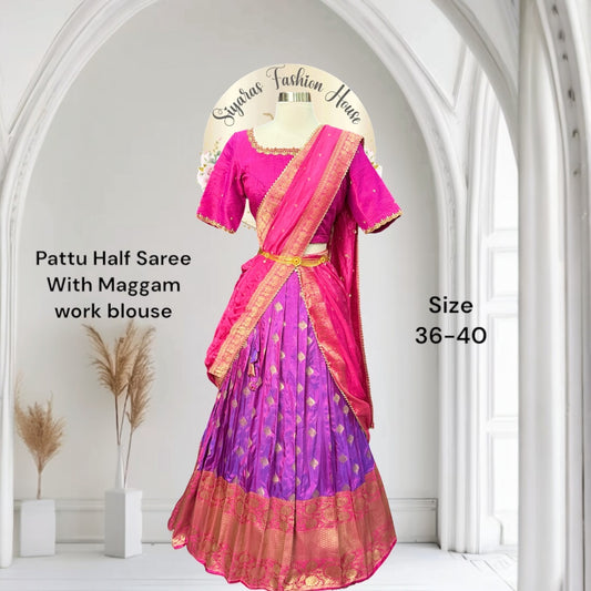 Beautiful dual shade Silk half saree with pattu border. Available in size 38 to 42