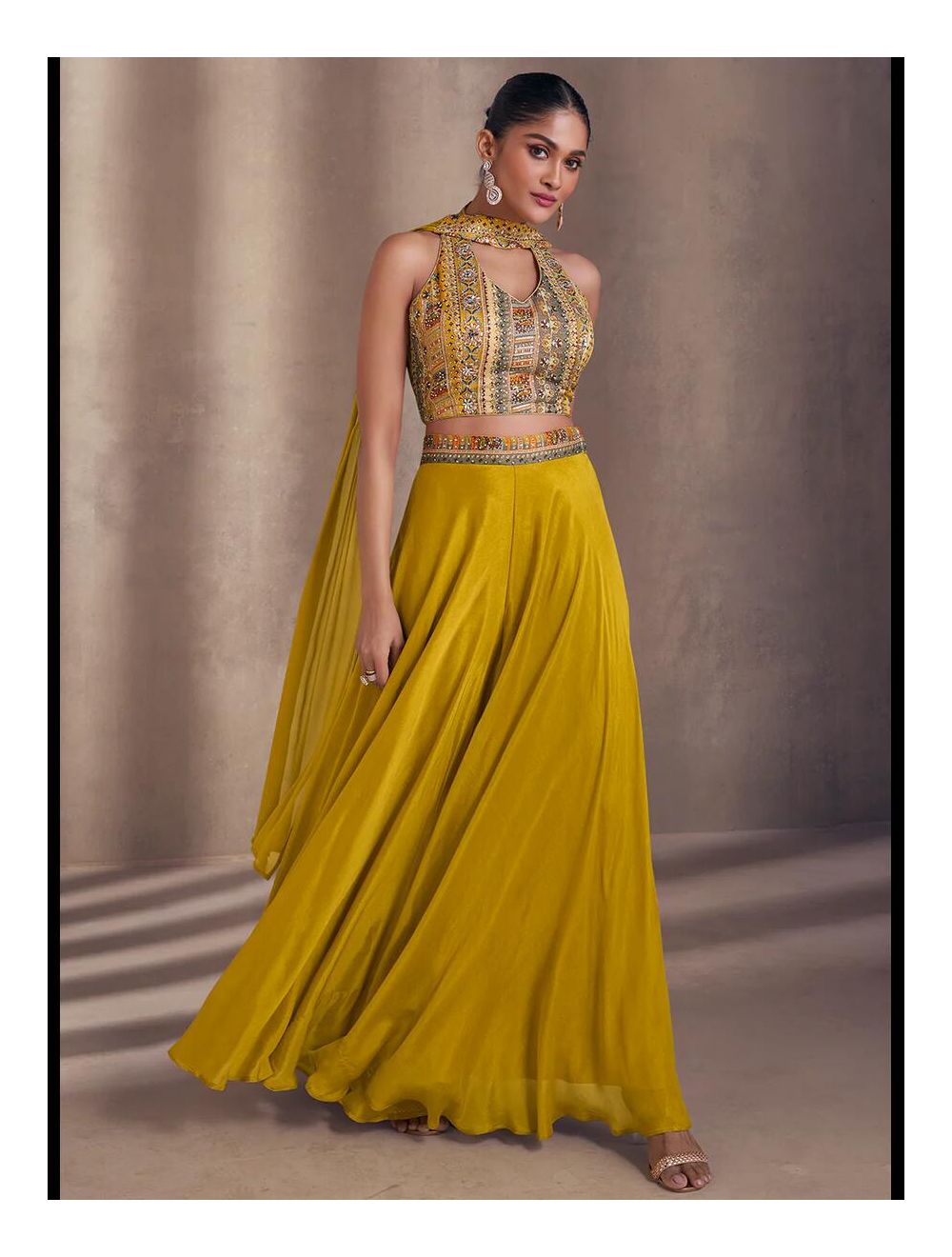 Chic and stylish Chinon Silk Indowestern CROPTTOP with Palazoo pants chinon silk mustard color Sequins Embroidery Wedding Wear partywear dress