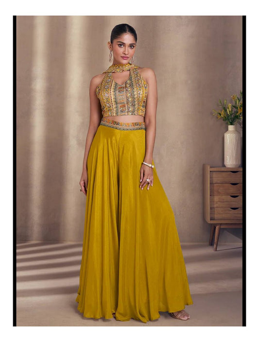 Chic and stylish Chinon Silk Indowestern CROPTTOP with Palazoo pants chinon silk mustard color Sequins Embroidery Wedding Wear partywear dress