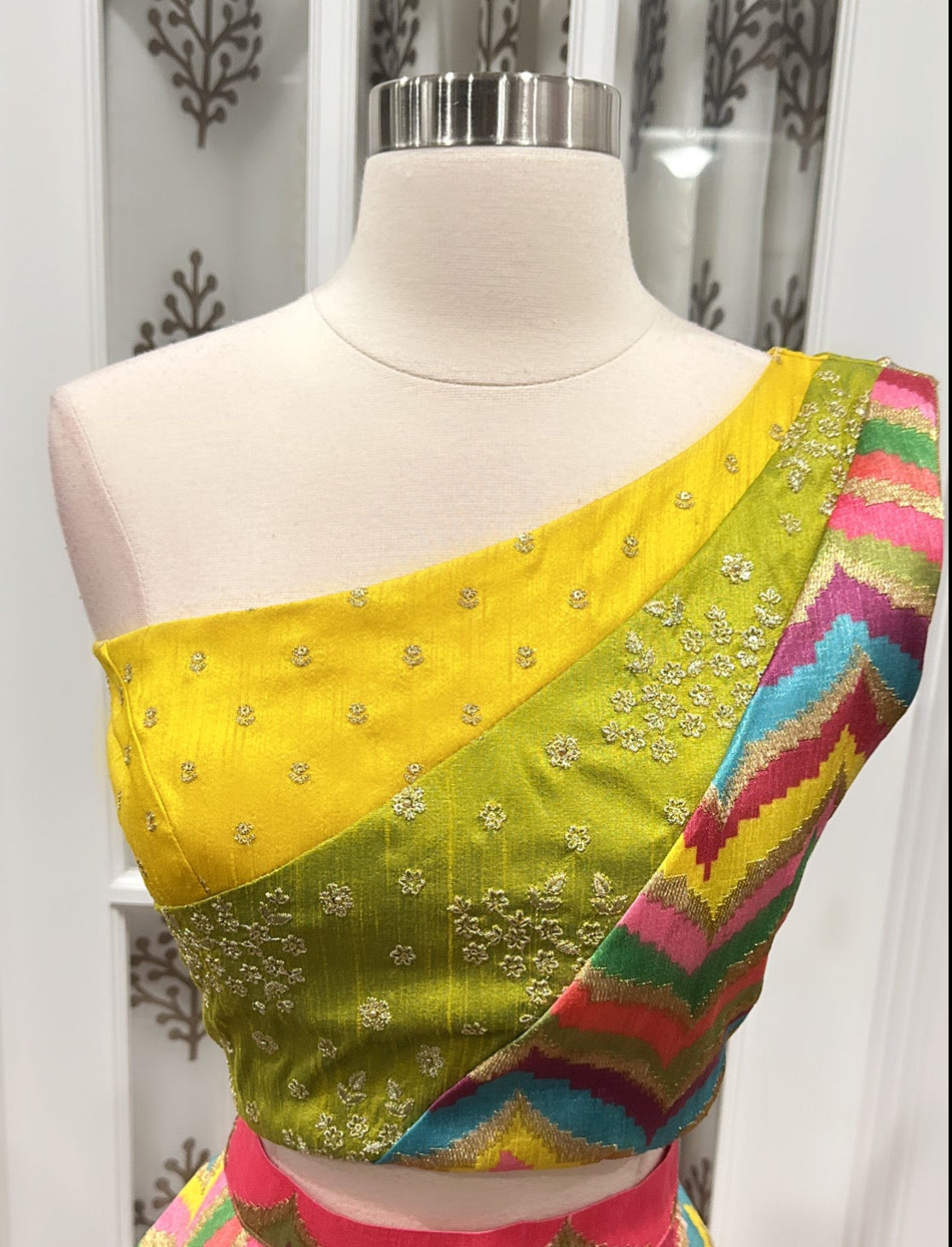 Pure raw silk One Shoulder Lehenga choli for women with Multicolor work Unique blouse for Smart Classy Look wedding reception grand Partywear USA