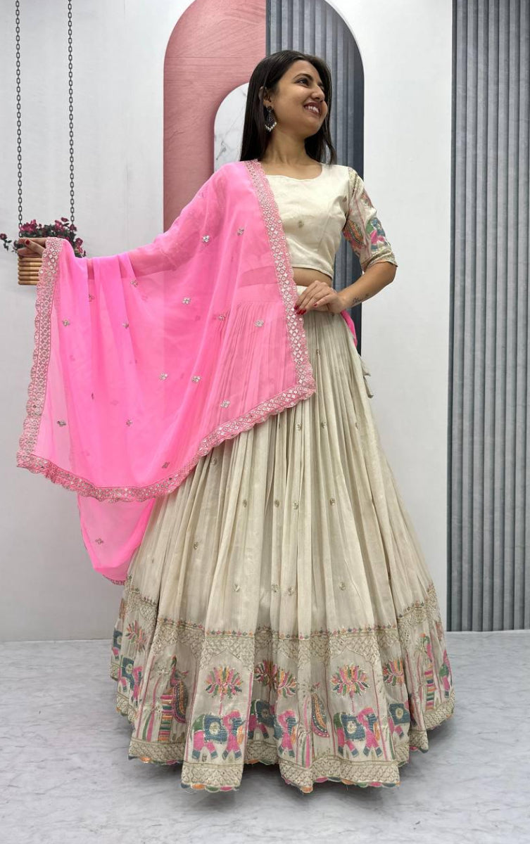 Elegant Off White Banarasi Tissue Silk Wedding Lehenga Choli – Heavy Embroidery & Sequin Work – Size Large 40 , chaniya choli, ready to ship usa