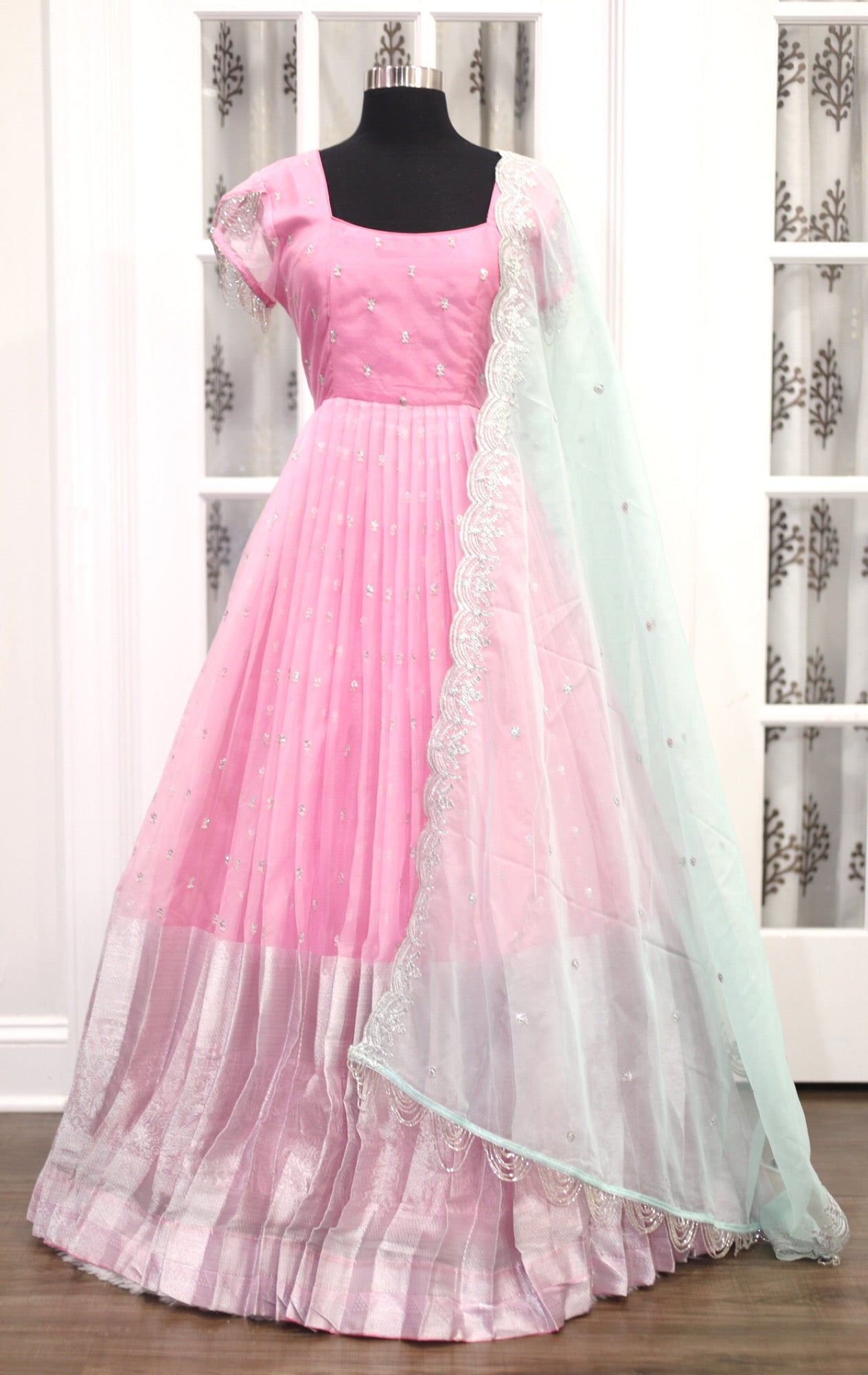 Beautiful Pink Organza Silk Long gown with sequence emplaned hand embellishments with organza Dupatta. Size XXL 44 is available