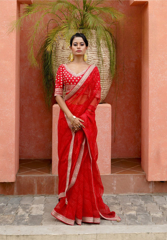 Beautiful Lehariya Organza Sarees with stitched Blouse standard size