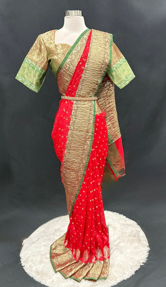 Elegant Red and Gold Banarasi Silk Saree with stitched blouse. Available in size 40 to 44.