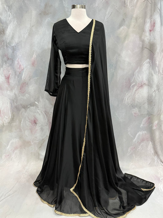 Beautiful Black Silk lightweiight Lehanga choli with lace border dupatta size 38-42 ready to ship