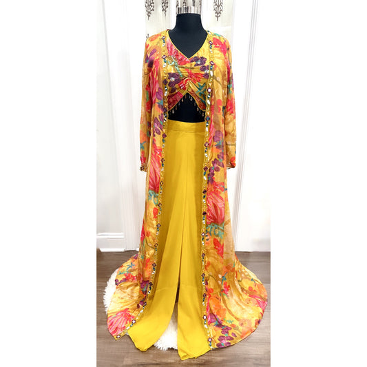 Jacket Style Floral Alia cut IndoWestern CropTop Palazzo set with hand work/mirror work Partywear dress wedding collection Haldi