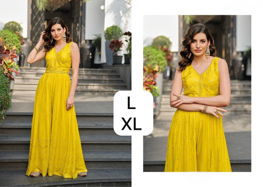 Gorgeous Jumpsuit chic attire yellow Chinon and Georgette with thread and sequin embroidery on front an back Ready to ship in USA