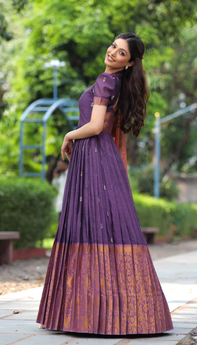 Handloom Cotton Long Dress with Zari Border and Georgette Dupatta - Size 38, Length 55 inches
