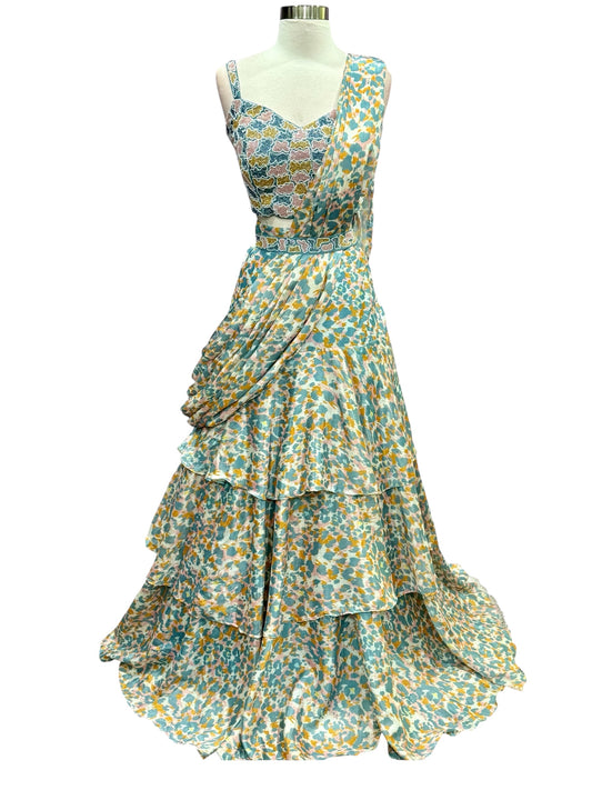 On sale Beautiful Designer Drape style saree. Ready to wear cocktail Saree Lehanga with stitched Blouse and Belt. Available in chest size 42 ( XL )