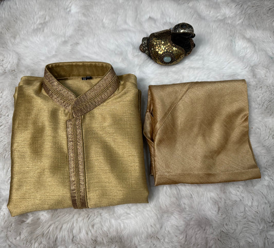 Lovely Mens raw silk kurta in gold with gold Pyjama. Available in size 36 inch