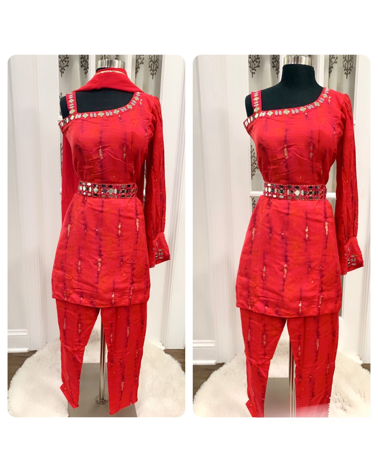 Beautiful red shibori design one shoulder full sleeve 3 pc set with intricate mirror work with waist belt