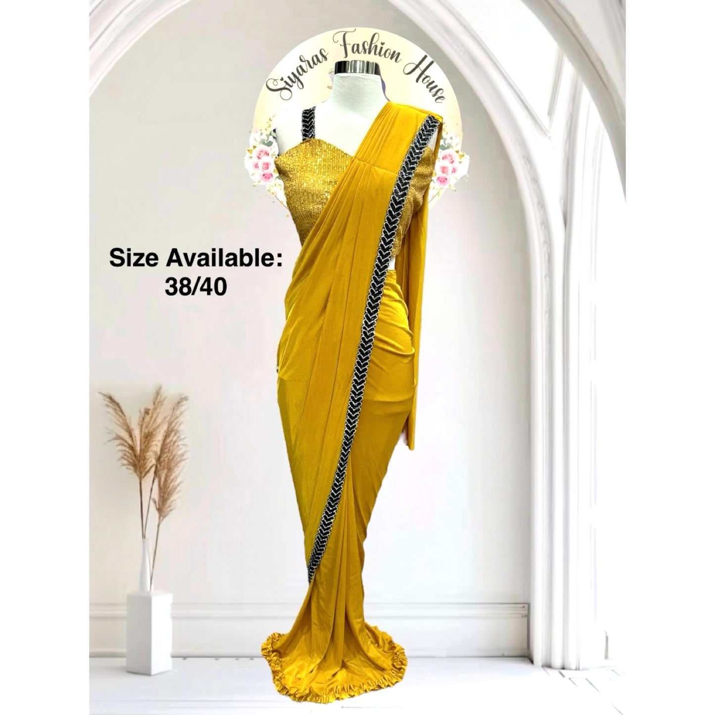 Lovely ready to wear one minute saree perfect party wear for any occasion. Available in size 38 and 40.
