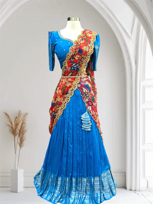 Beautiful Lavender Customized Mangalagiri half sarees with intricate Maggam work blouses and dreamy tissue or Kalamkari Dupatta. Size available is 38/40/42