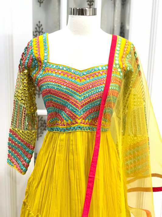 On sale yellow Long Sleeves Gown with work on yoke and back Ready to ship size 38.