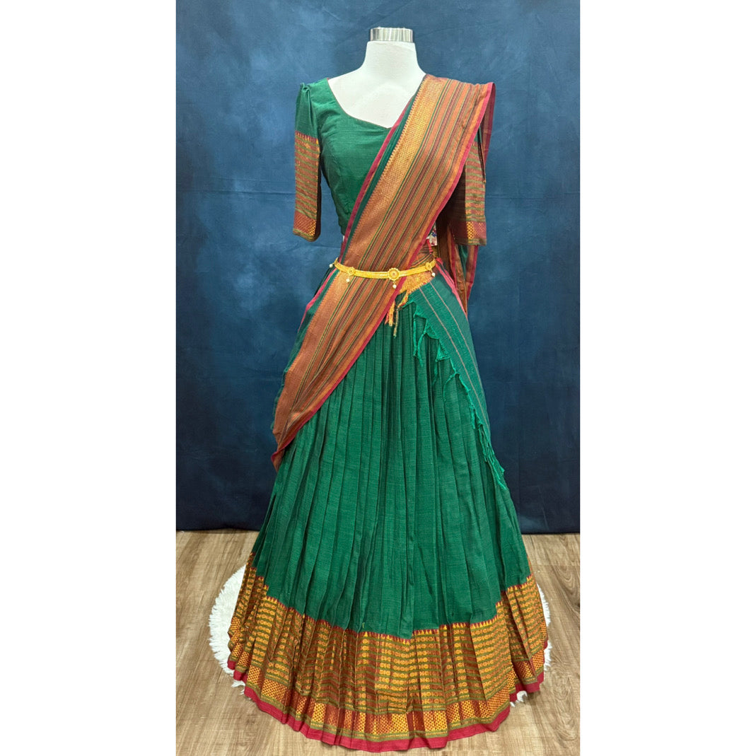Traditional customized narayanpet cotton half saree , langa voni greed and red color combo size 38 to 42