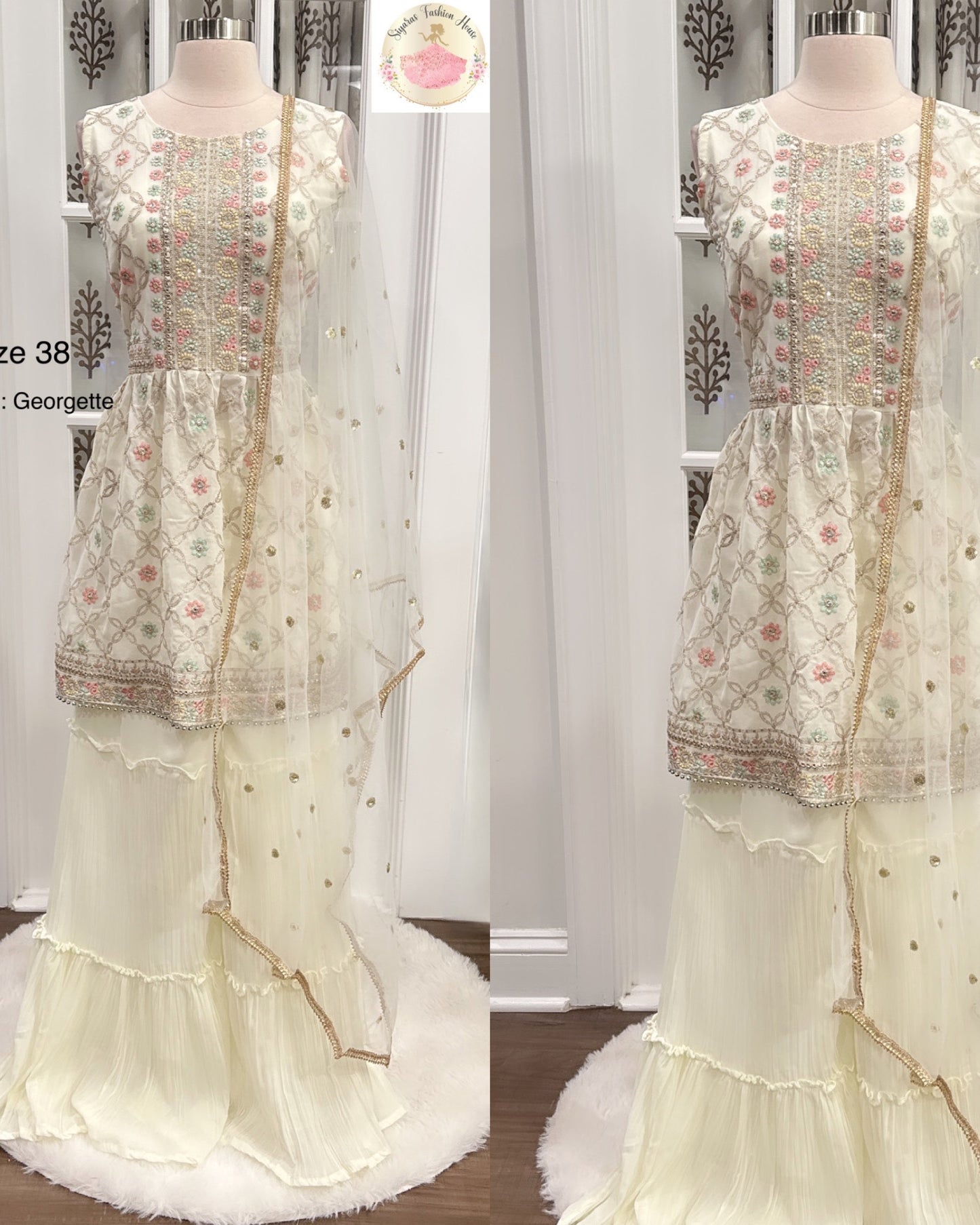 Beautiful ivory color Sharara set in multi color sequence work size 38
