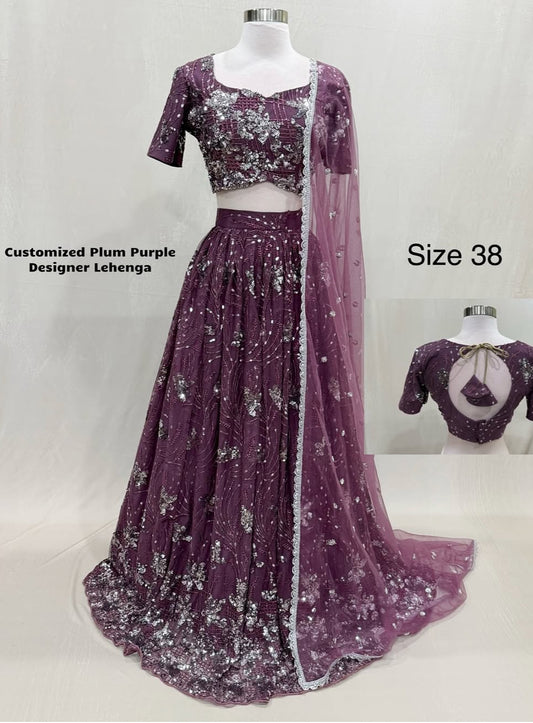❤️ New Arrival Alert! ❤️
Customized Plum Purple Designer Lehenga Choli | Embroidered Sequin Lehenga | Net Dupatta with Lace | Wedding | Reception | Size 38 to42.