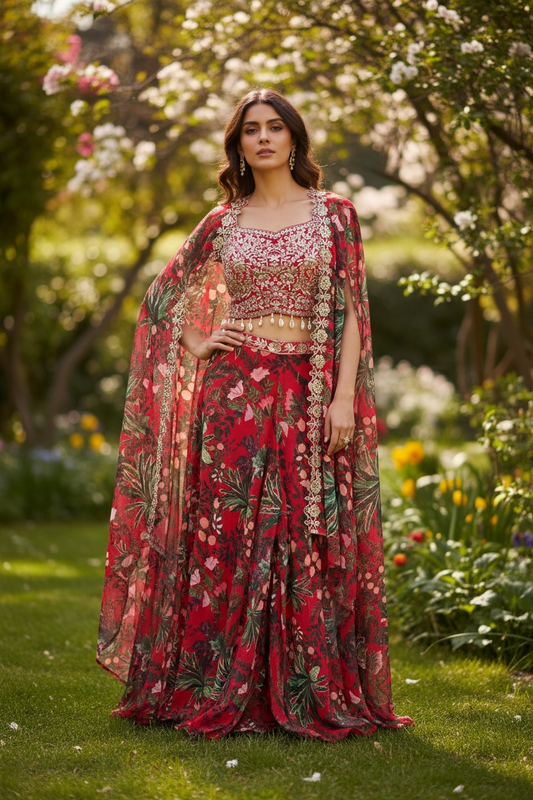 Effortlessly Chic IndoWestern dreamy floral georgette palazzo paired with raw silk top sequence work and bead embellishments size 36/38