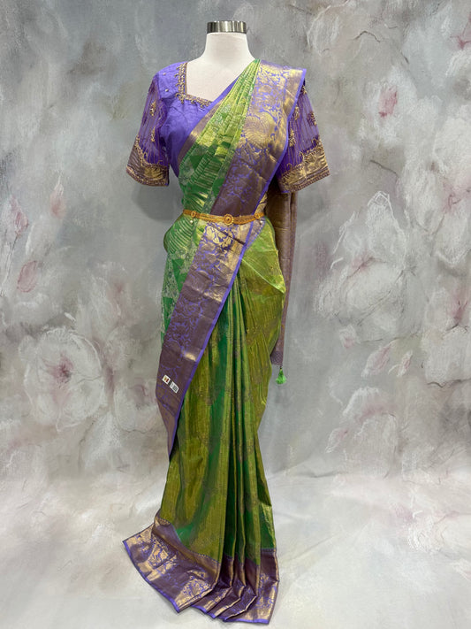 Gorgeous Wedding Pure Silk Mark Kanchi Pattu Saree with elegant designer Maggam work blouse with Net sleeves and back size 40 plus margin