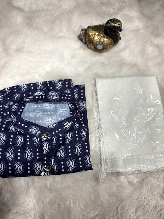 Men’s blue cotton Kurta pyjama print pattern white pant size Medium 38/ XL 42/XXL 44