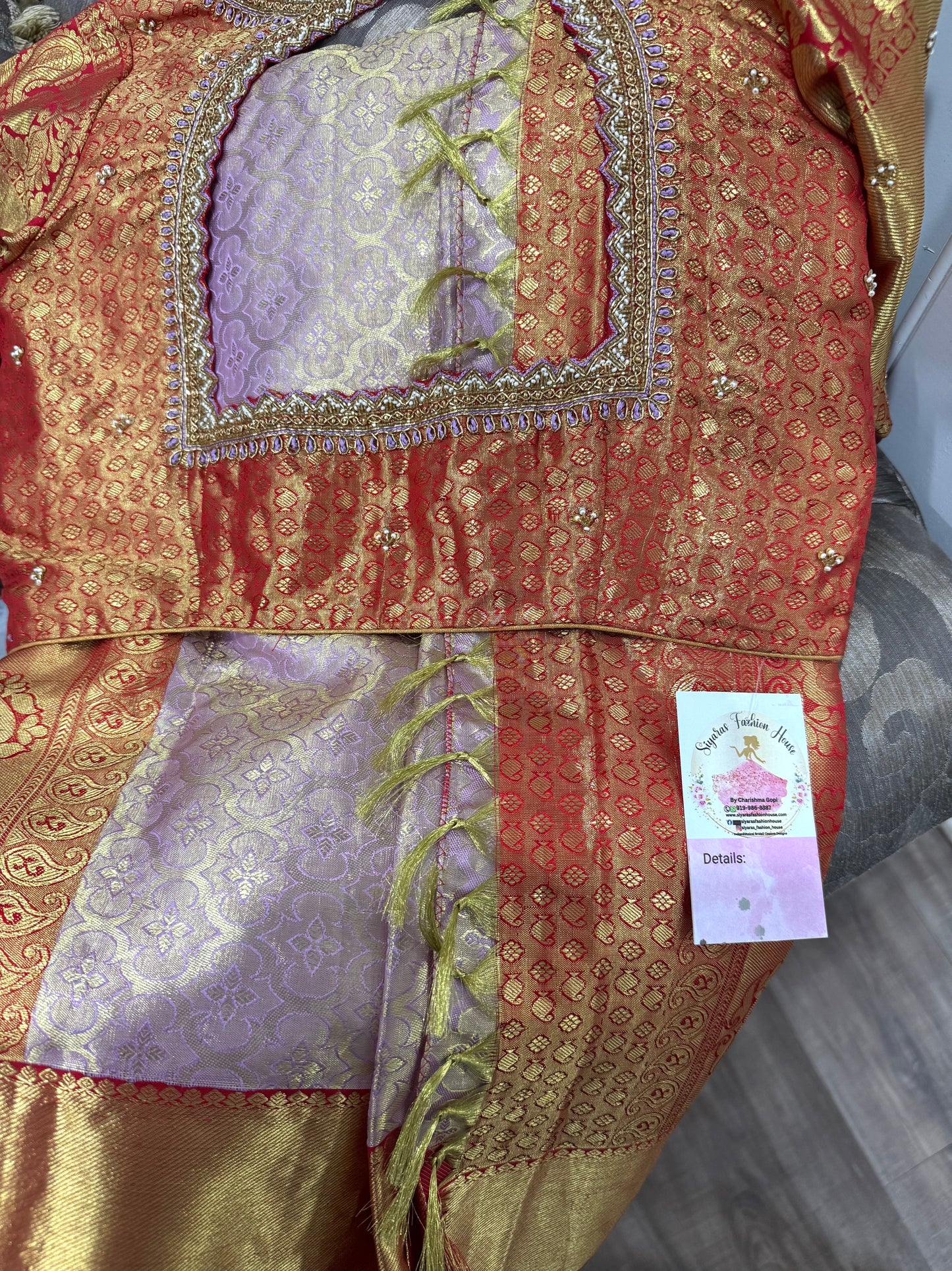 Pure Kanchi Pattu Saree in Lavender and Gold silk mark certified saree with Elegant Maggam work stitched blouse size 38 To 42