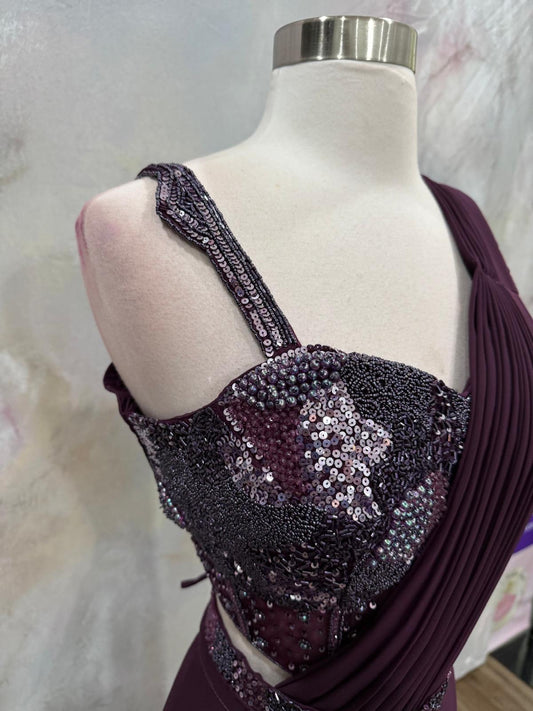 Gorgeous Corset Drape style lehanga wine color size 36, hand work blouse, desginer cocktail wedding parytywear dress ready to ship