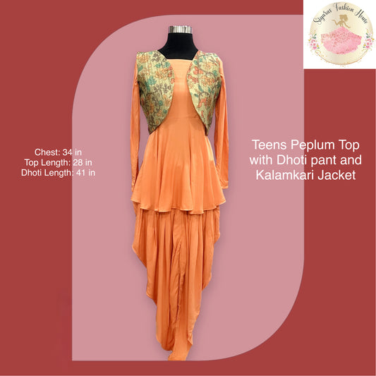 Elegant Orange/Salmon Pink Dhoti Style Dress with peplum top and Kalamkari Jacket