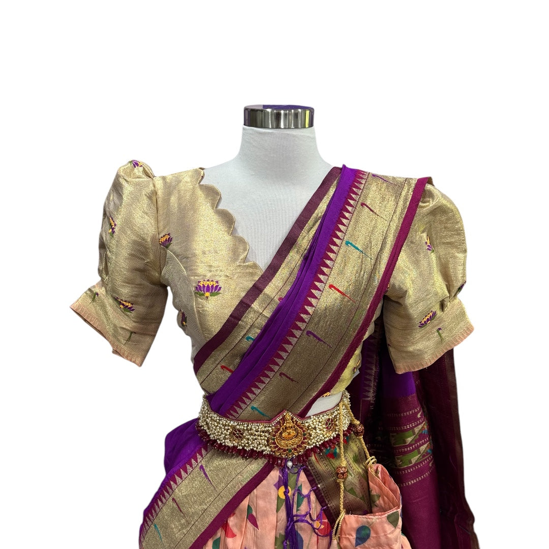 Beautiful Pythani Lehanga and Paithani Dupatta with stitched blouse (puff hands). Available in 38-42.