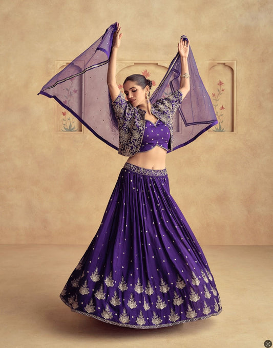 Beautiful Purple Crop Top Alia cut Lehanga with jacket and dupatta in pure chinon fabric size 40/42 ready to ship Partywear wedding dress