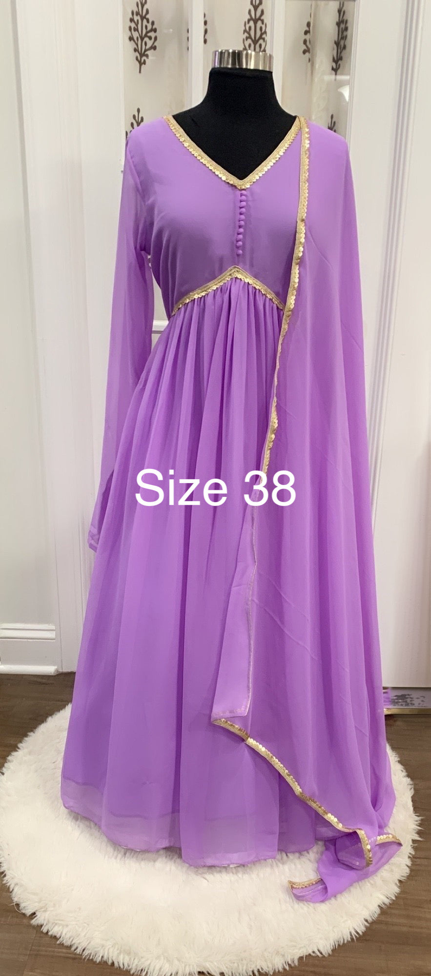 Gorgeous Alia Cut Lavender color Georgette Long Gown with Dupatta and lace border embellishments size 38 ready to ship