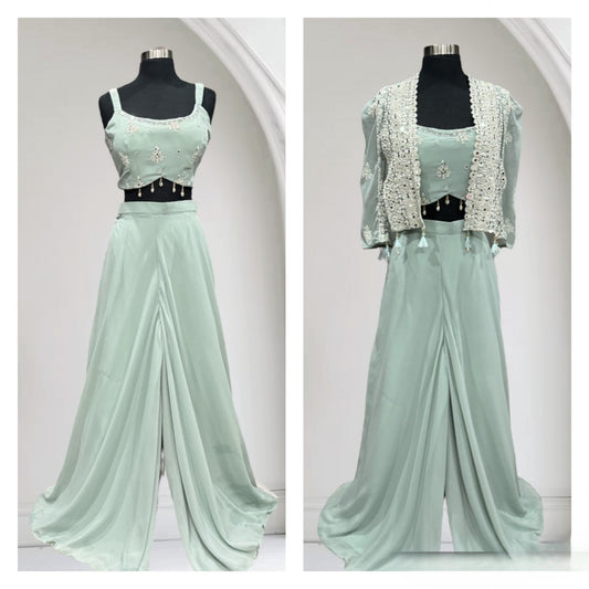 Beautiful pastel Pallazo crop top with a lovely Cape to style. Available in size 38